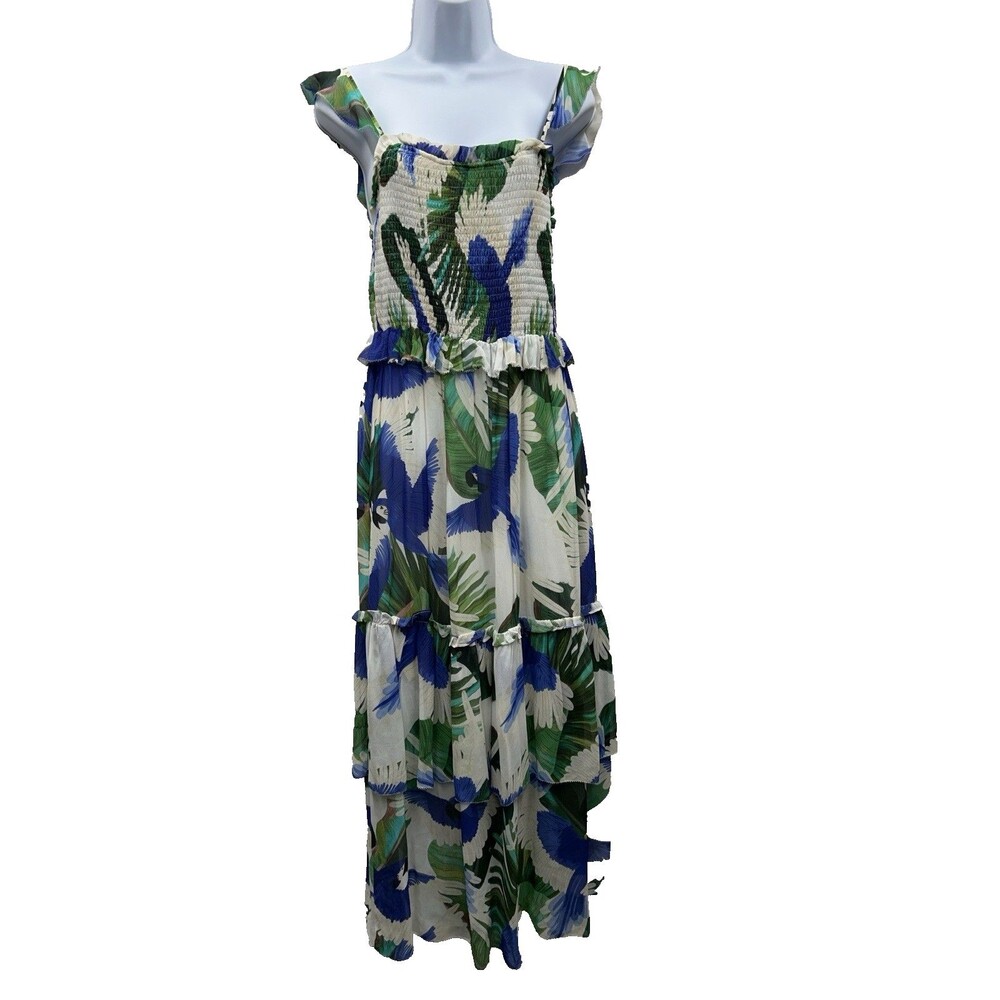 Farm Rio Blue Wind Maxi Dress Tiered Ruffle Smocked Tropical Boho Resort Size M